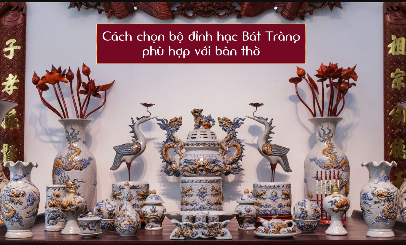 BỘ ĐỈNH HẠC SỨ MEN RẠN ĐẮP NỔI BÁT TRÀNG CAO 61CM